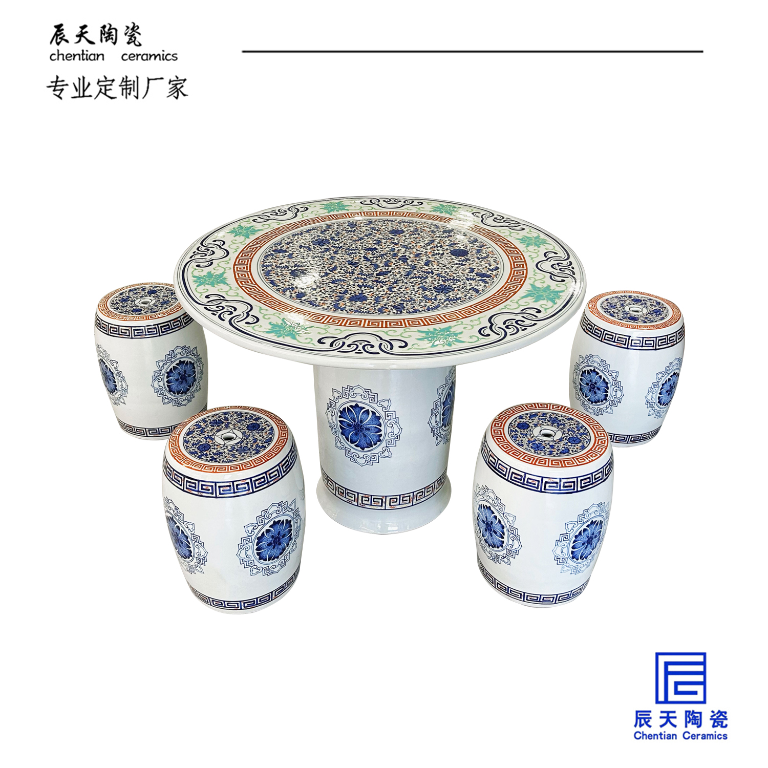 <b>客戶定製 鬥彩陶瓷一桌四凳</b>