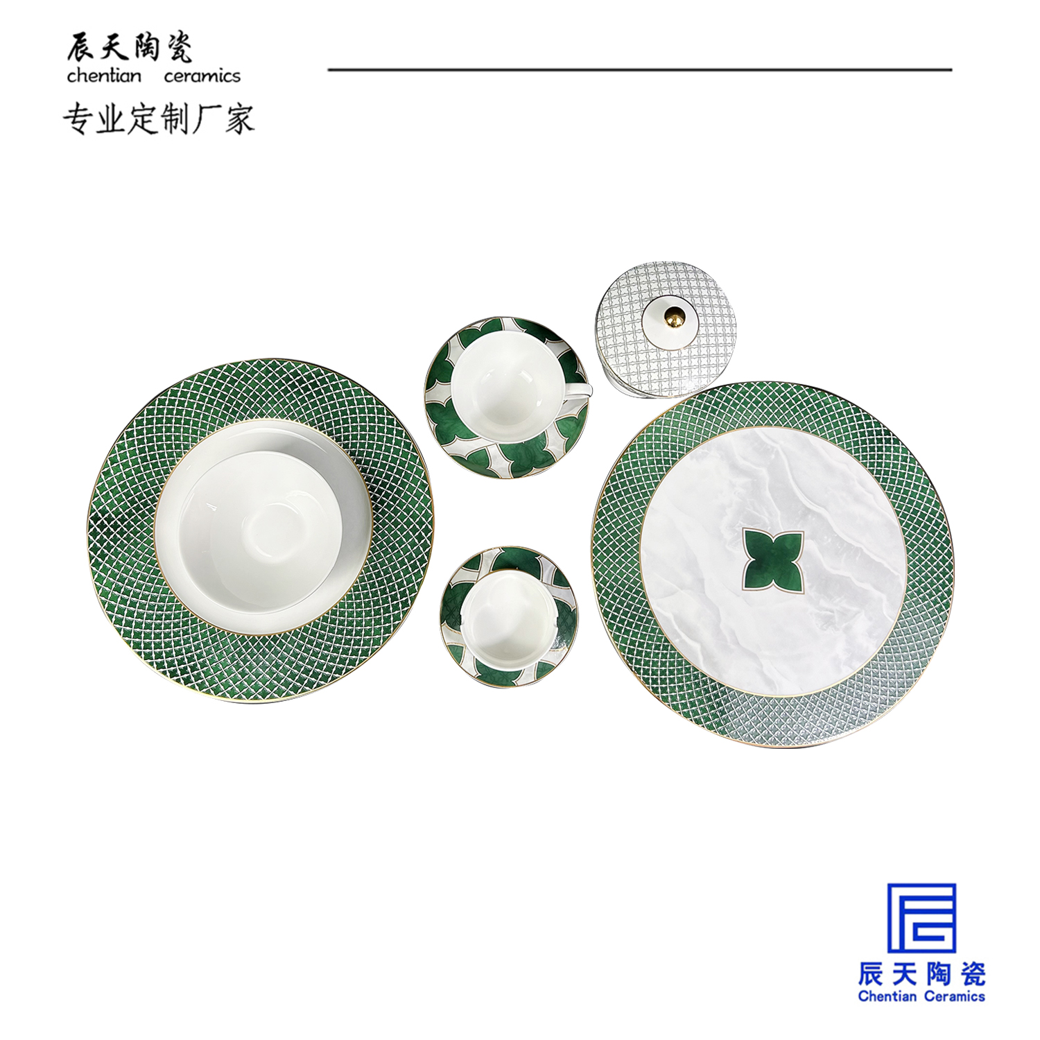 <b>客戶定製 經典網紋陶瓷描金四葉草餐具</b>